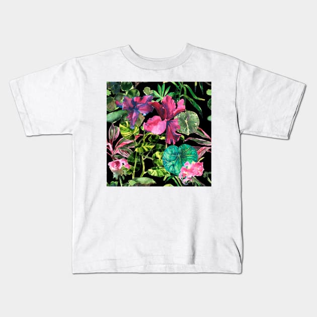 Seamless tropical flower, plant and leaf pattern background Kids T-Shirt by Olga Berlet